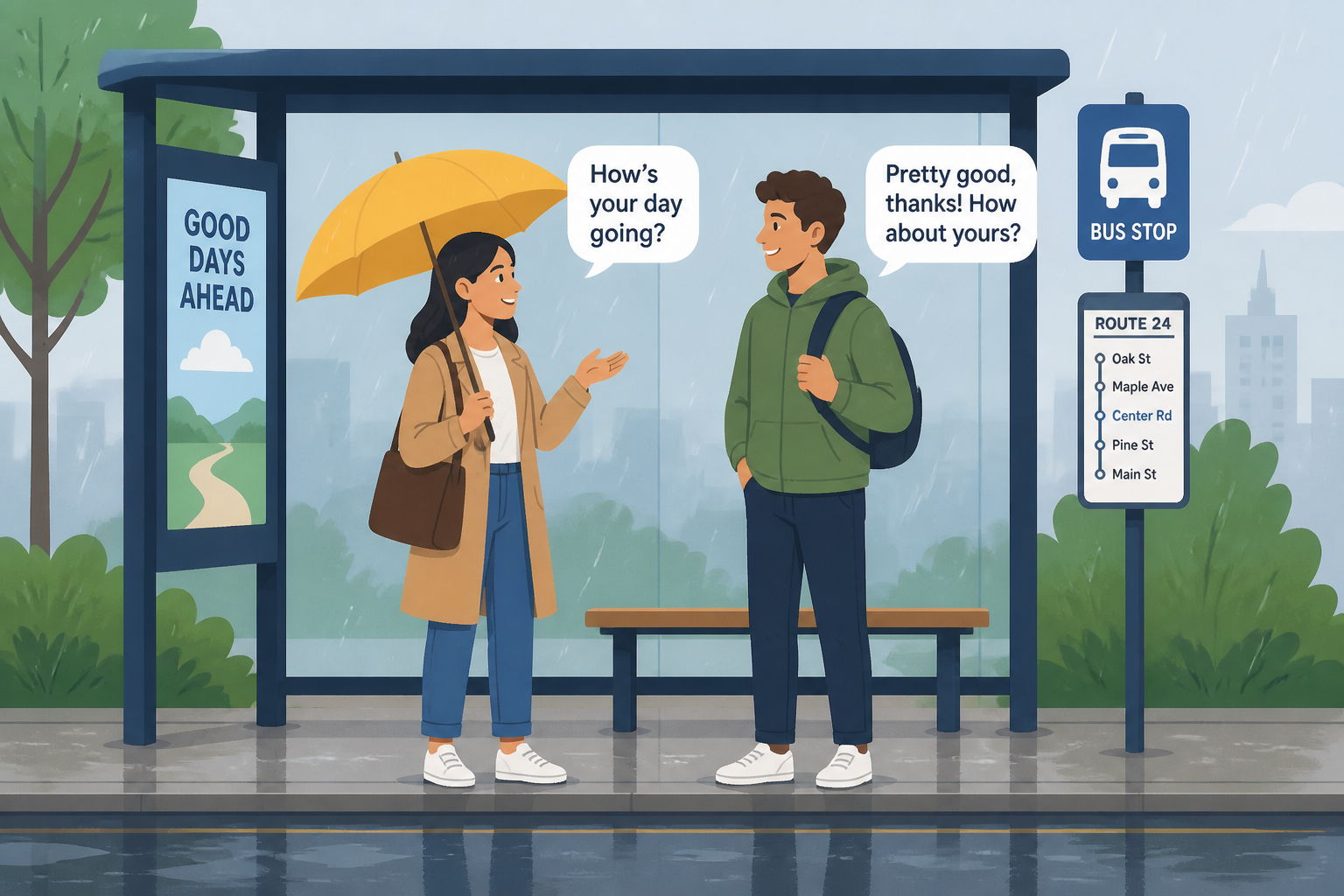 Small talk at bus stop